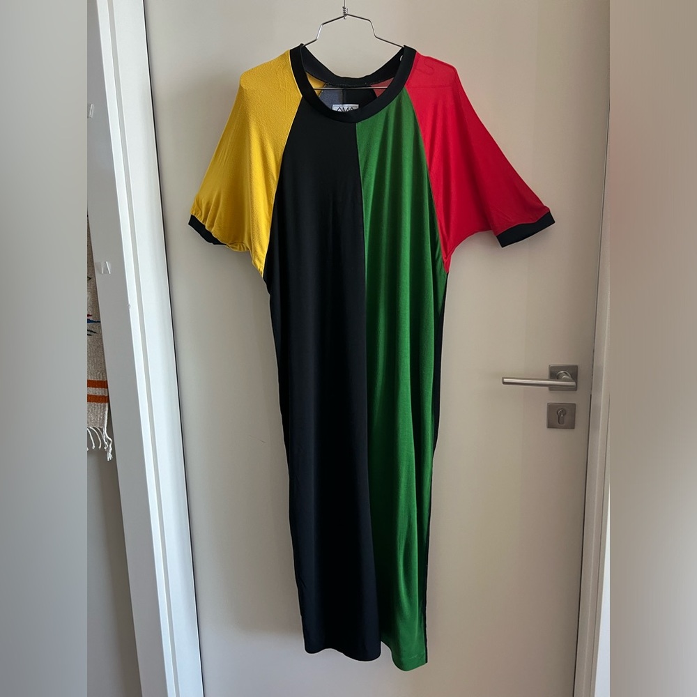 (Project Runway) L/XL Amanda Valentine Rasta + Blue on reverse color block dress